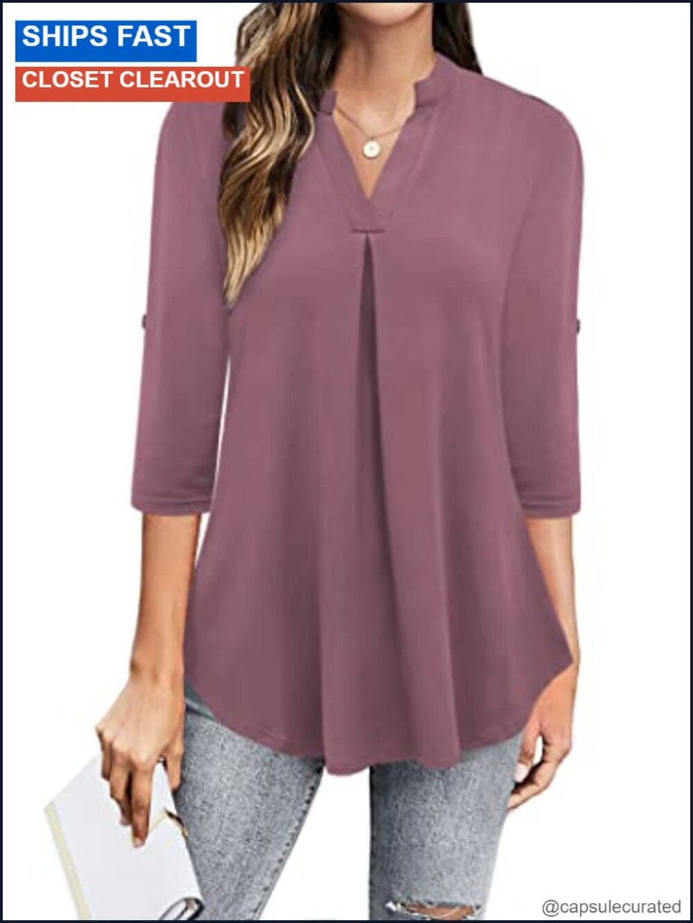 Womens 3/4 Sleeve V Neck Chiffon Blouse Dressy Casual Work Shirt Tunic